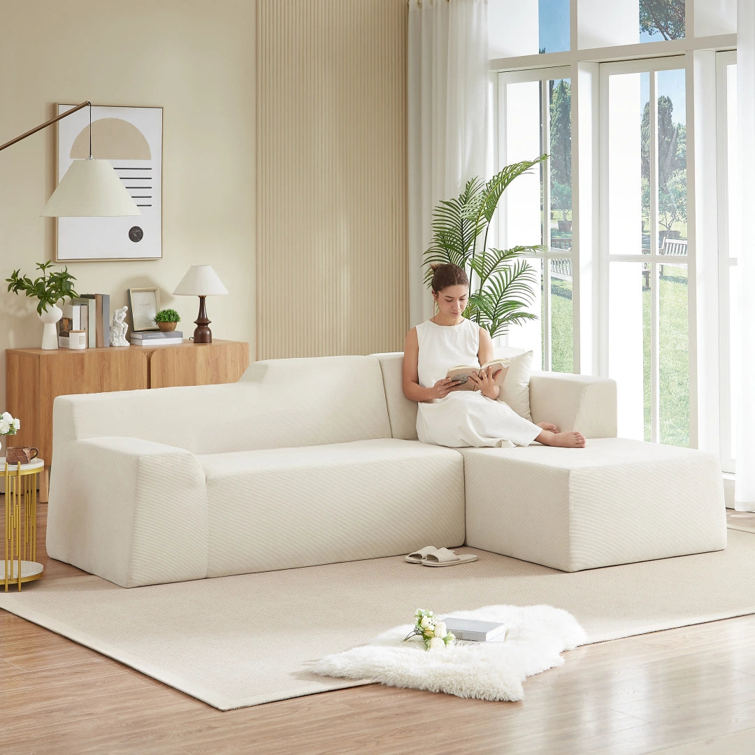 White Right Modern minimalist L-shaped corduroy high back sofa #6100B