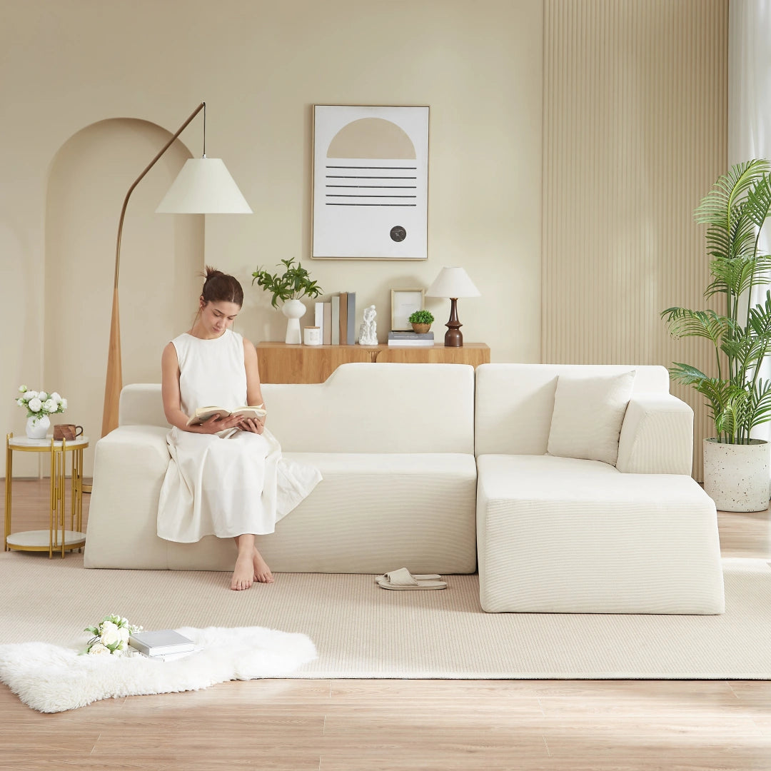White Right Modern minimalist L-shaped corduroy high back sofa #6100B