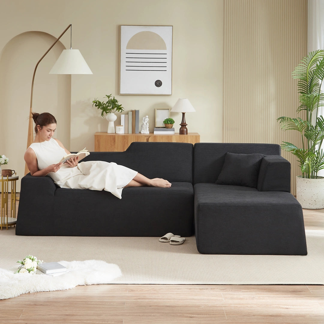 Black Right Modern minimalist L-shaped corduroy high back sofa #6100B