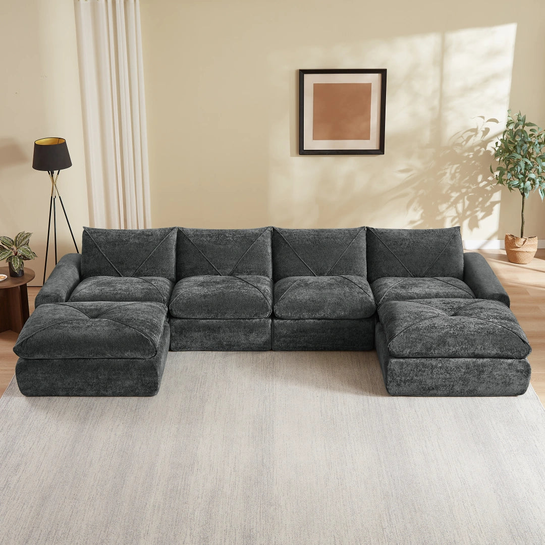 Dark Gray 4 Seat and 2 Ottoman Modern minimalist chenille combination sofa #6159