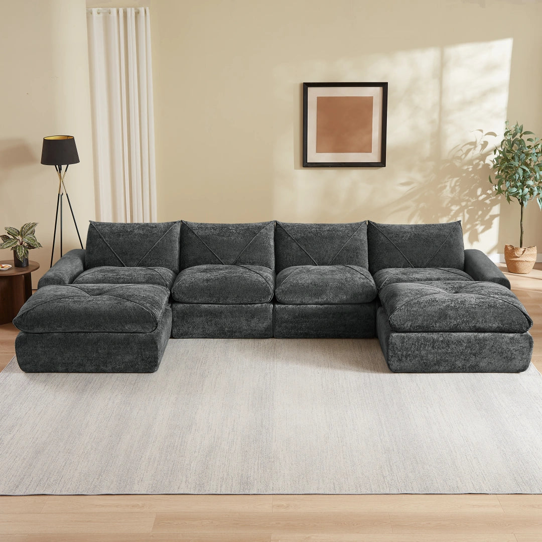 Dark Gray 4 Seat and 2 Ottoman Modern minimalist chenille combination sofa #6159