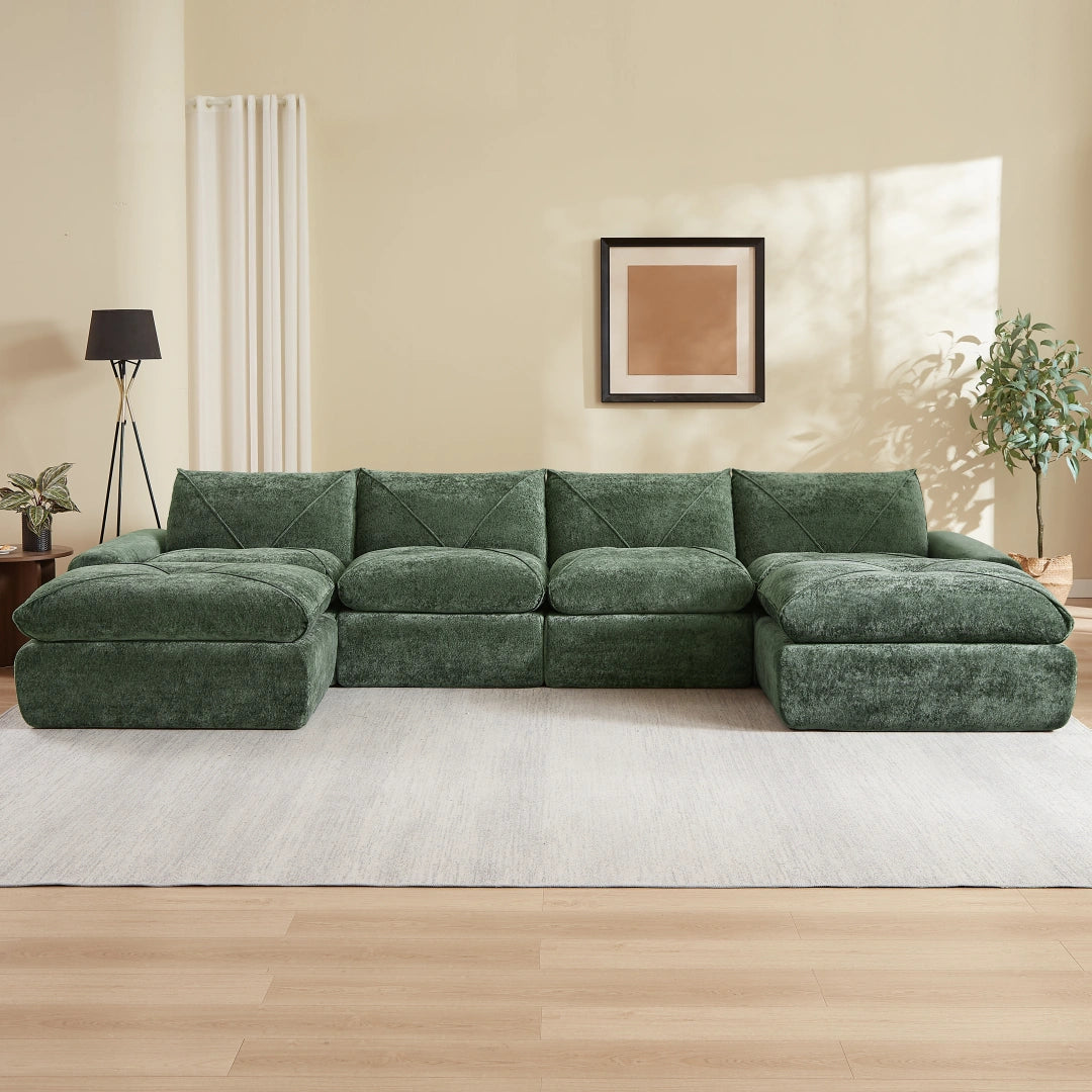 Green 4 Seat and 2 Ottoman Modern minimalist chenille combination sofa #6159