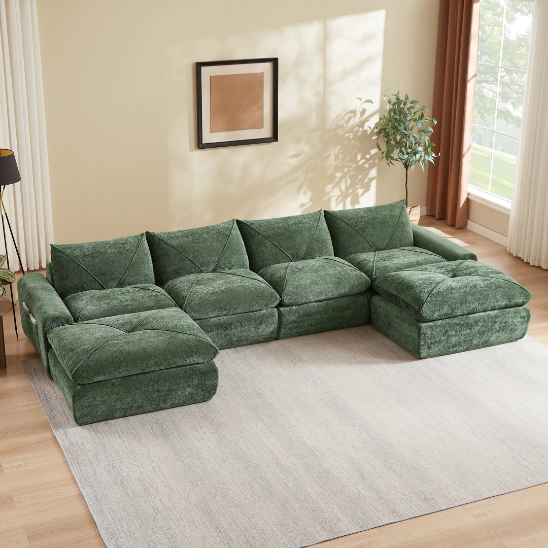 Green 4 Seat and 2 Ottoman Modern minimalist chenille combination sofa #6159