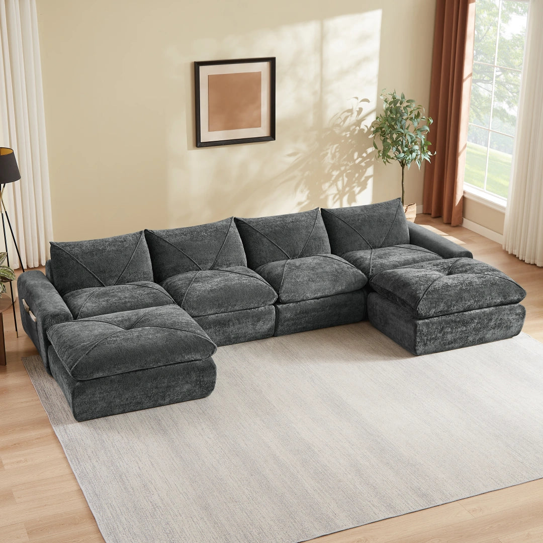 Dark Gray 4 Seat and 2 Ottoman Modern minimalist chenille combination sofa #6159