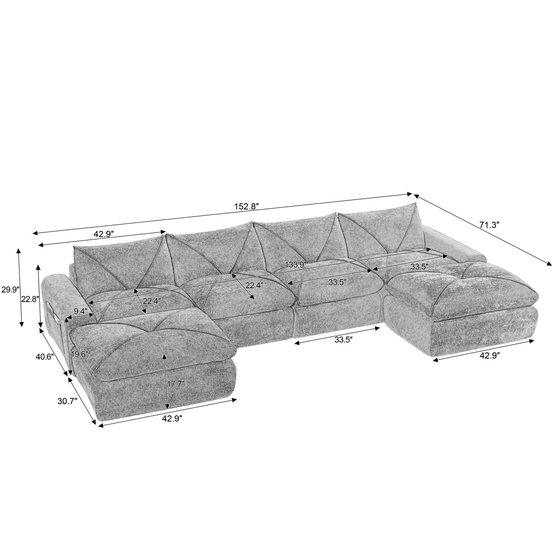 Beige 4 Seat and 2 Ottoman Modern minimalist chenille combination sofa #6159