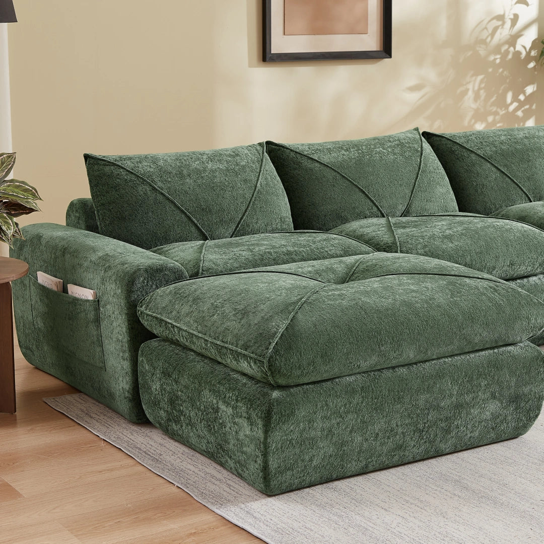 Green 4 Seat and 2 Ottoman Modern minimalist chenille combination sofa #6159