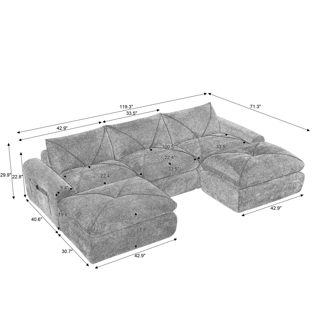 Beige 3 Seat and 2 Ottoman Modern minimalist chenille combination sofa #6159