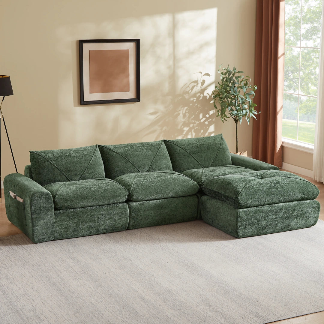 Green 3 Seat and 1 Ottoman Modern minimalist chenille combination sofa #6159