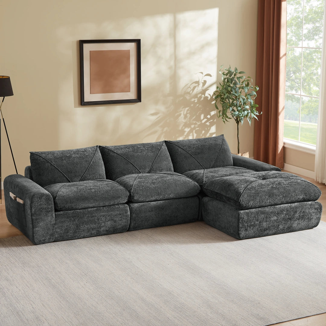 Dark Gray 3 Seat and 1 Ottoman Modern minimalist chenille combination sofa #6159