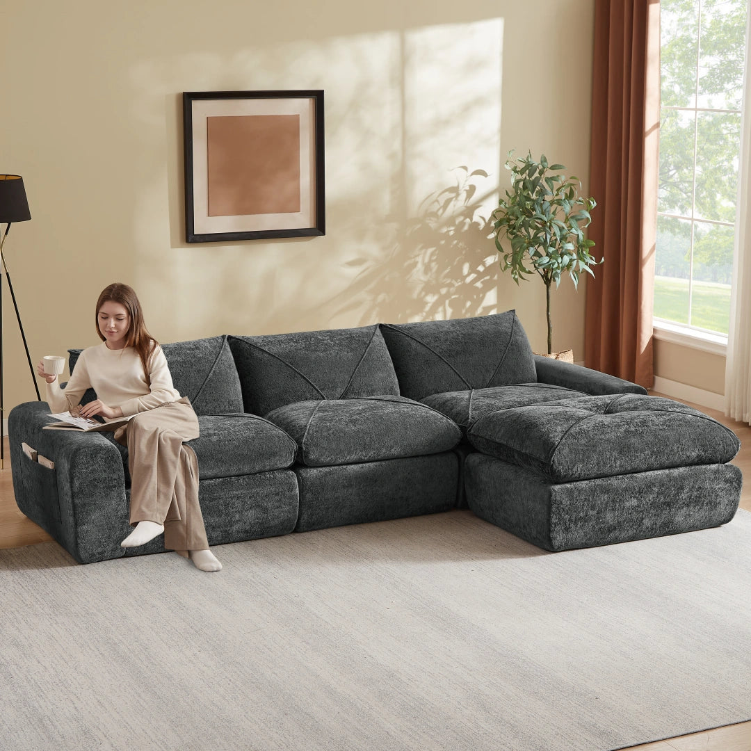Dark Gray 3 Seat and 1 Ottoman Modern minimalist chenille combination sofa #6159
