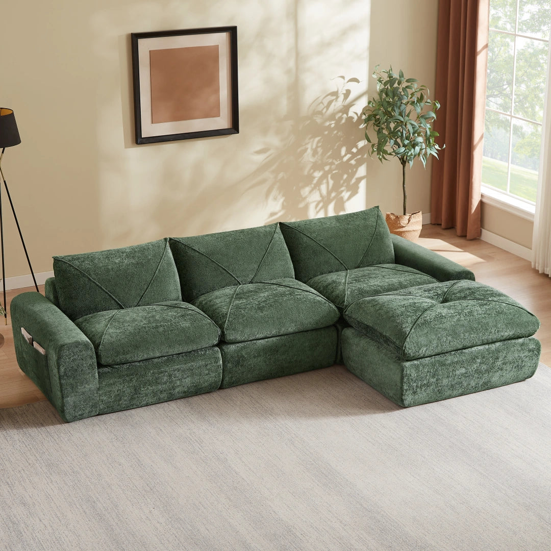 Green 3 Seat and 1 Ottoman Modern minimalist chenille combination sofa #6159