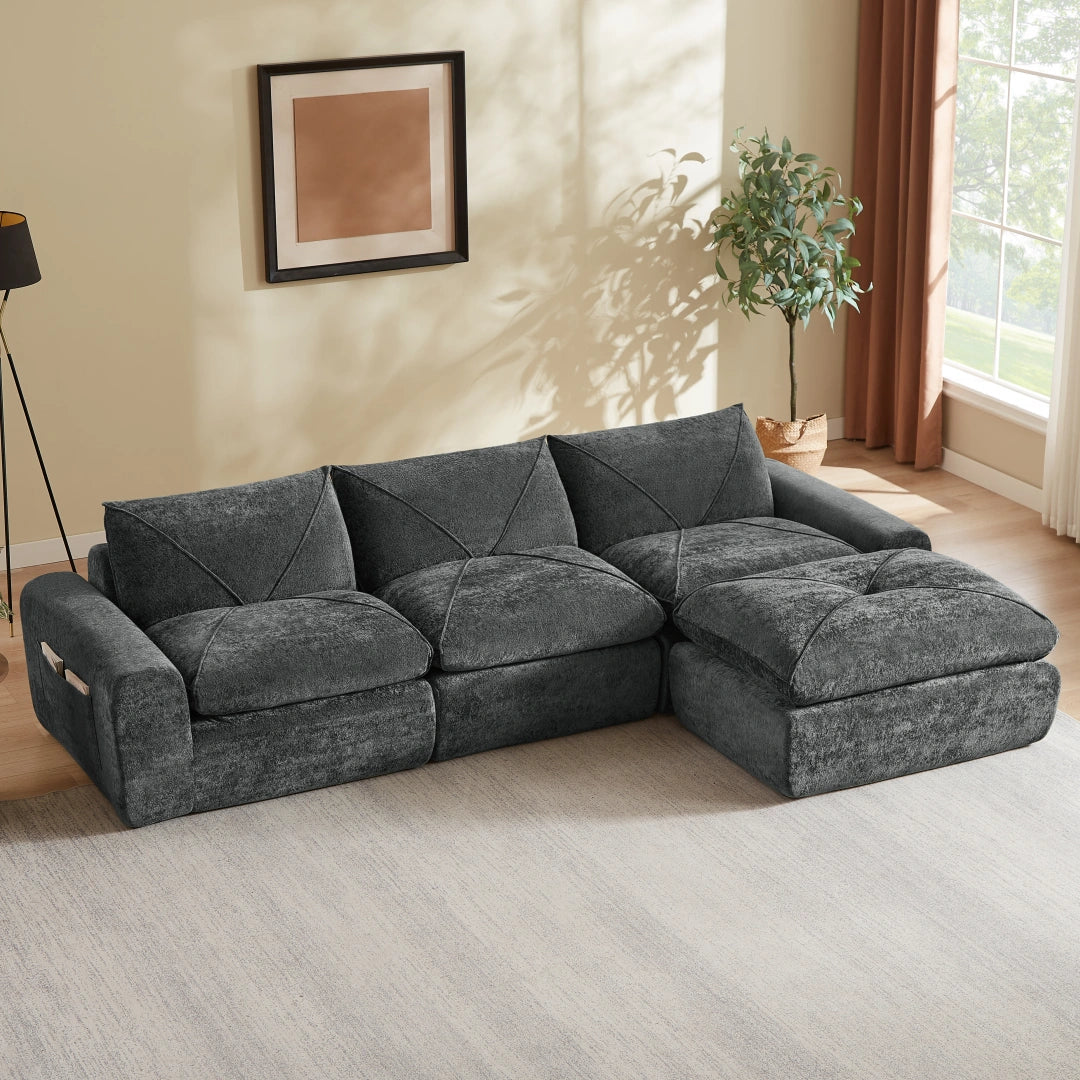 Dark Gray 3 Seat and 1 Ottoman Modern minimalist chenille combination sofa #6159