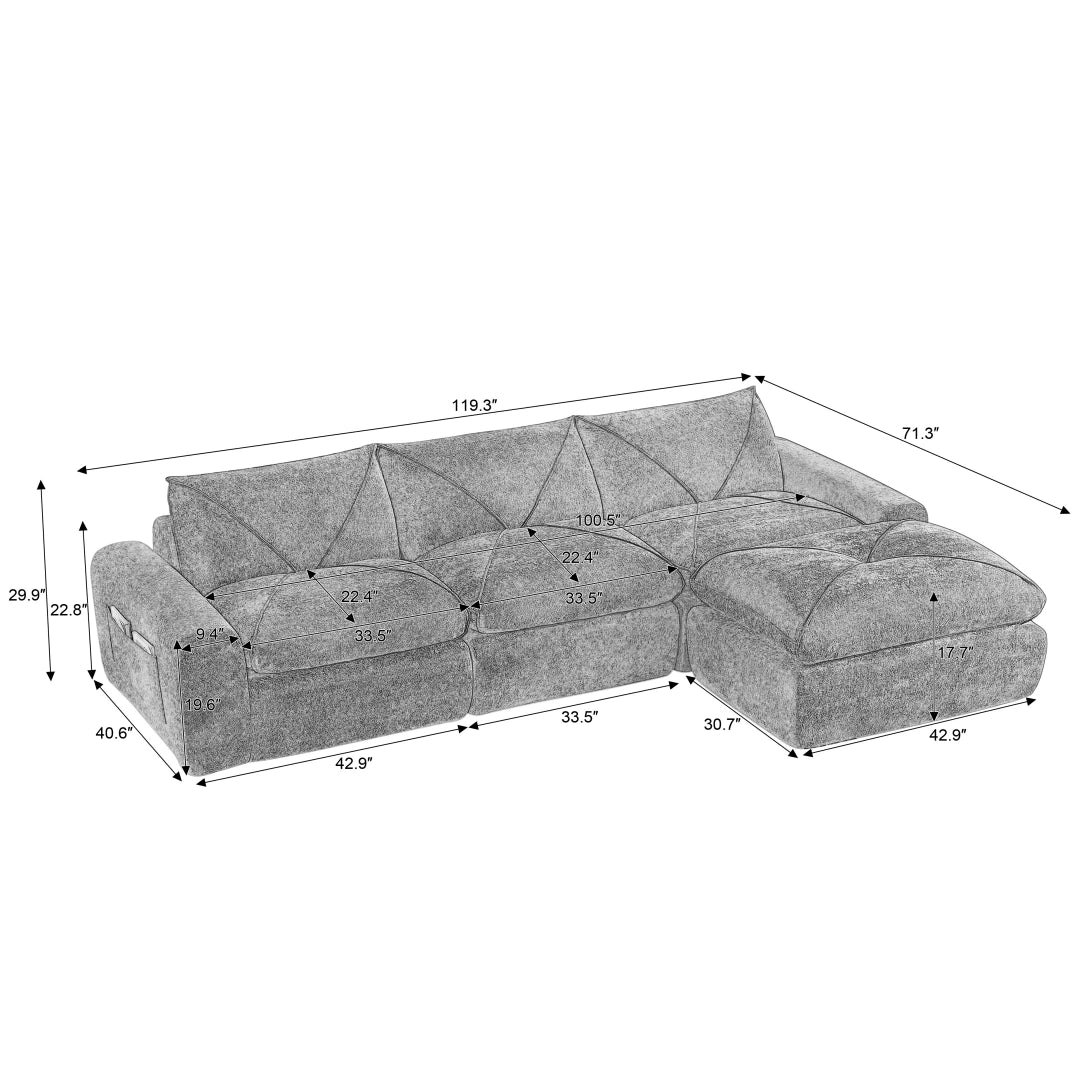 Beige 3 Seat and 1 Ottoman Modern minimalist chenille combination sofa #6159