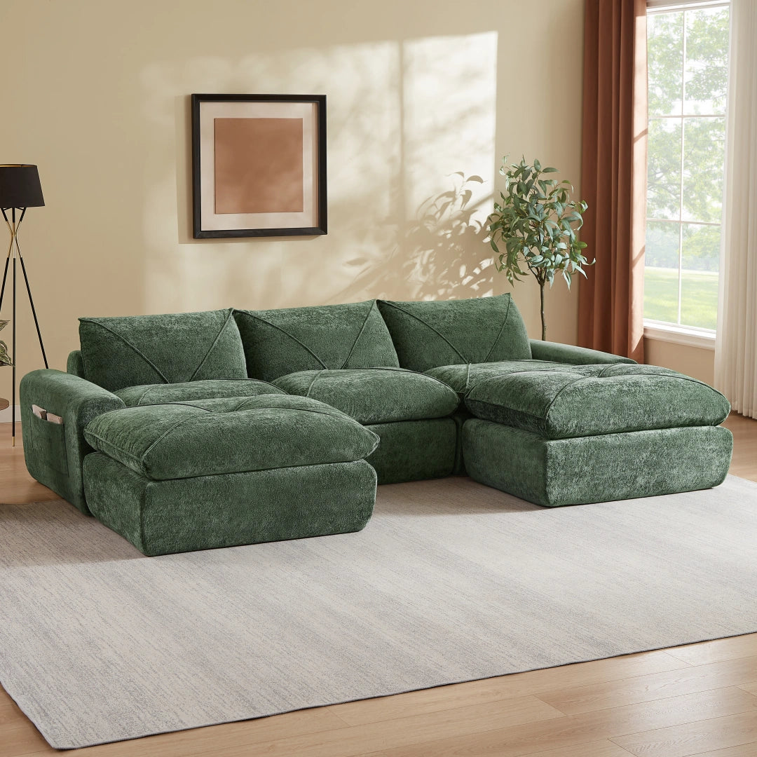 Green 3 Seat and 2 Ottoman Modern minimalist chenille combination sofa #6159