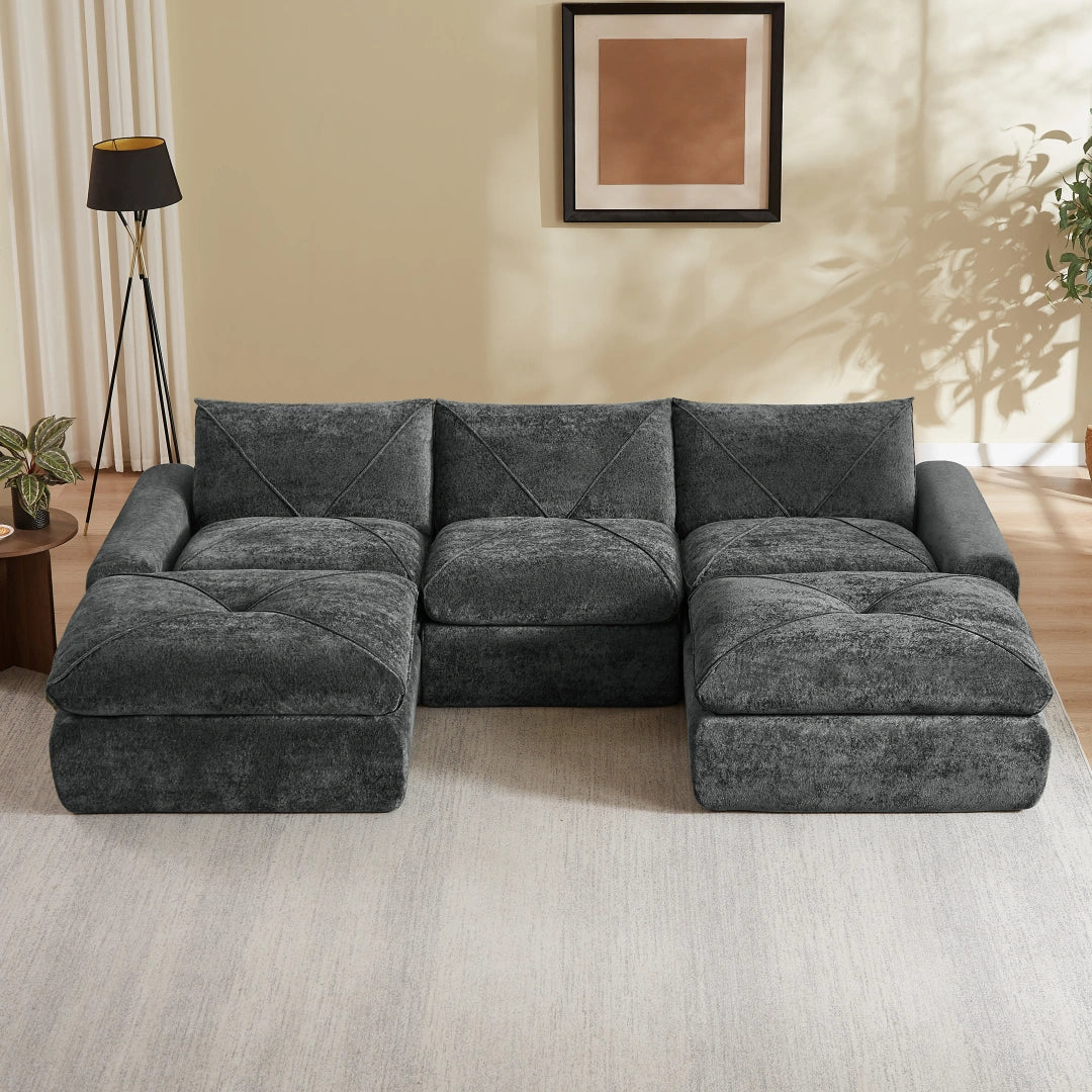 Dark Gray 3 Seat and 2 Ottoman Modern minimalist chenille combination sofa #6159