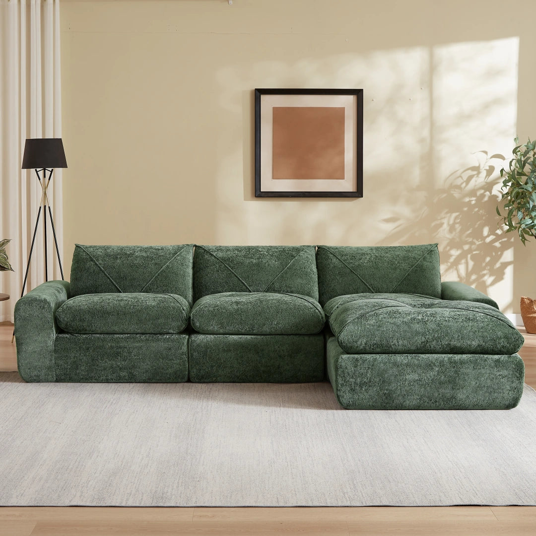 Green 3 Seat and 1 Ottoman Modern minimalist chenille combination sofa #6159