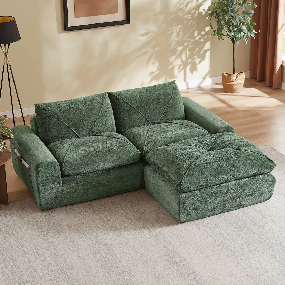 Green 2 Seat and 1 Ottoman Modern minimalist chenille combination sofa #6159