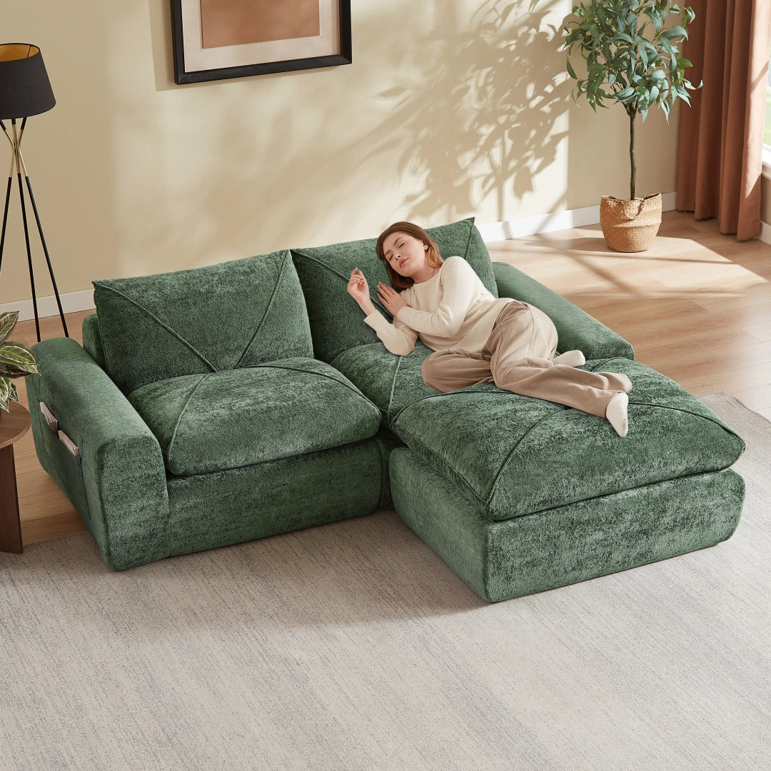 Green 2 Seat and 1 Ottoman Modern minimalist chenille combination sofa #6159