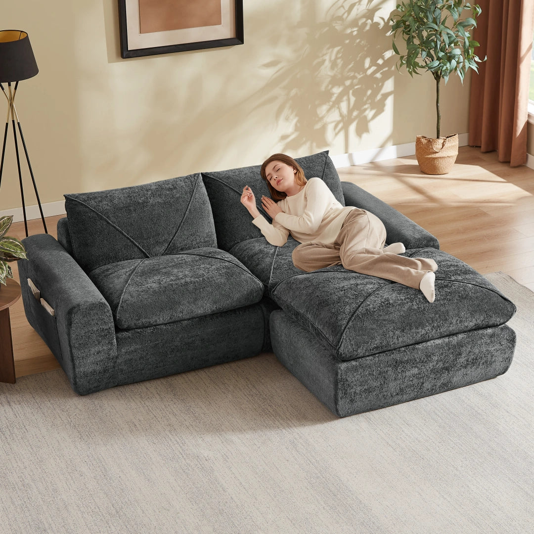 Dark Gray 2 Seat and 1 Ottoman Modern minimalist chenille combination sofa #6159