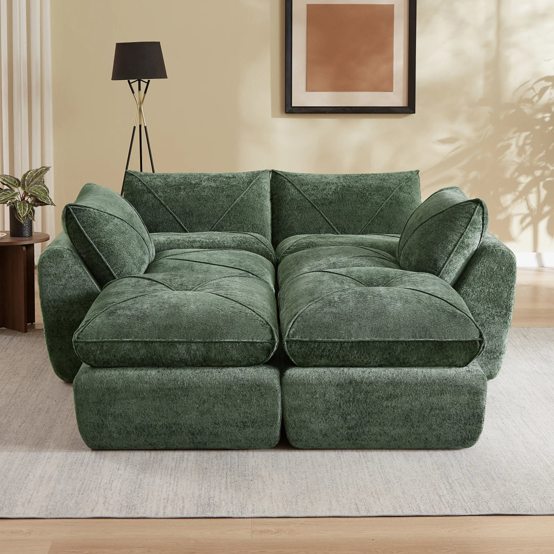 Green 4 Seat and 2 Ottoman Modern minimalist chenille combination sofa #6159