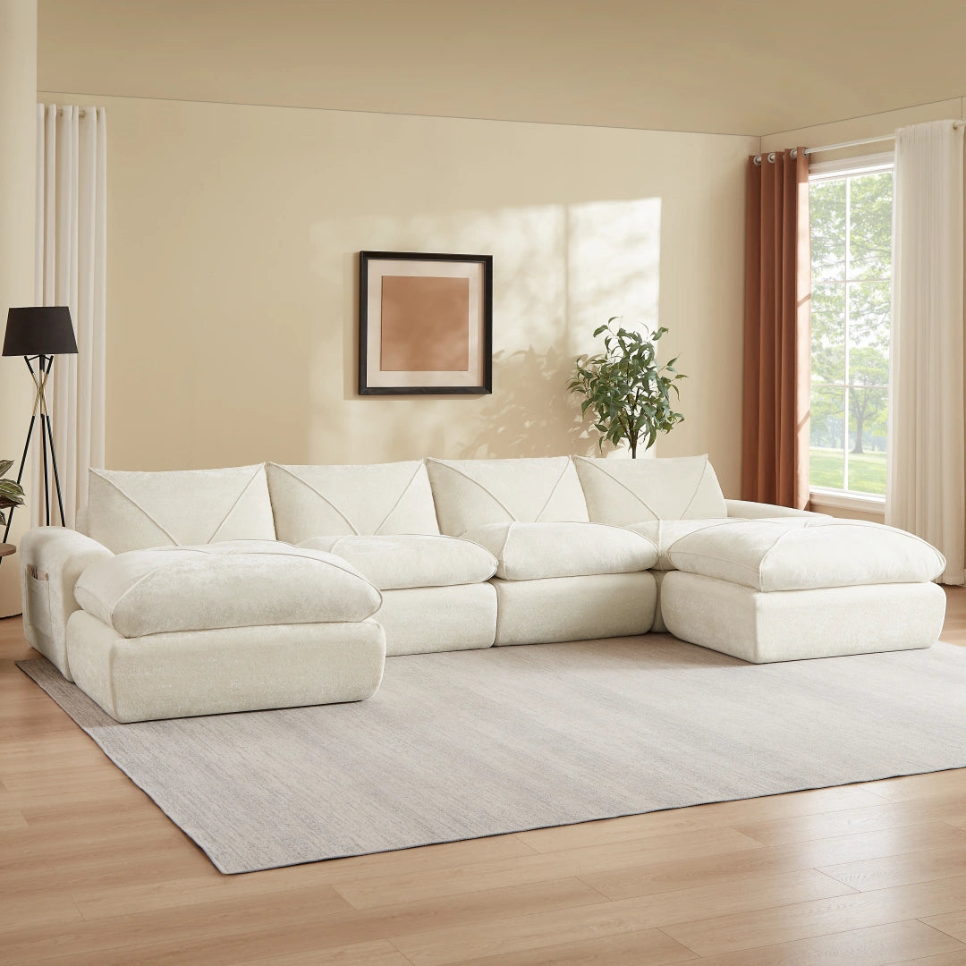 Beige 4 Seat and 2 Ottoman Modern minimalist chenille combination sofa #6159