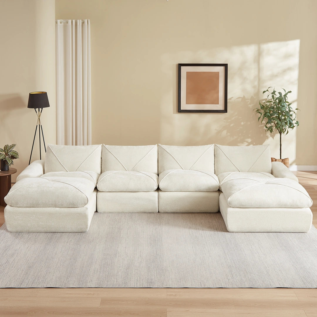Beige 4 Seat and 2 Ottoman Modern minimalist chenille combination sofa #6159