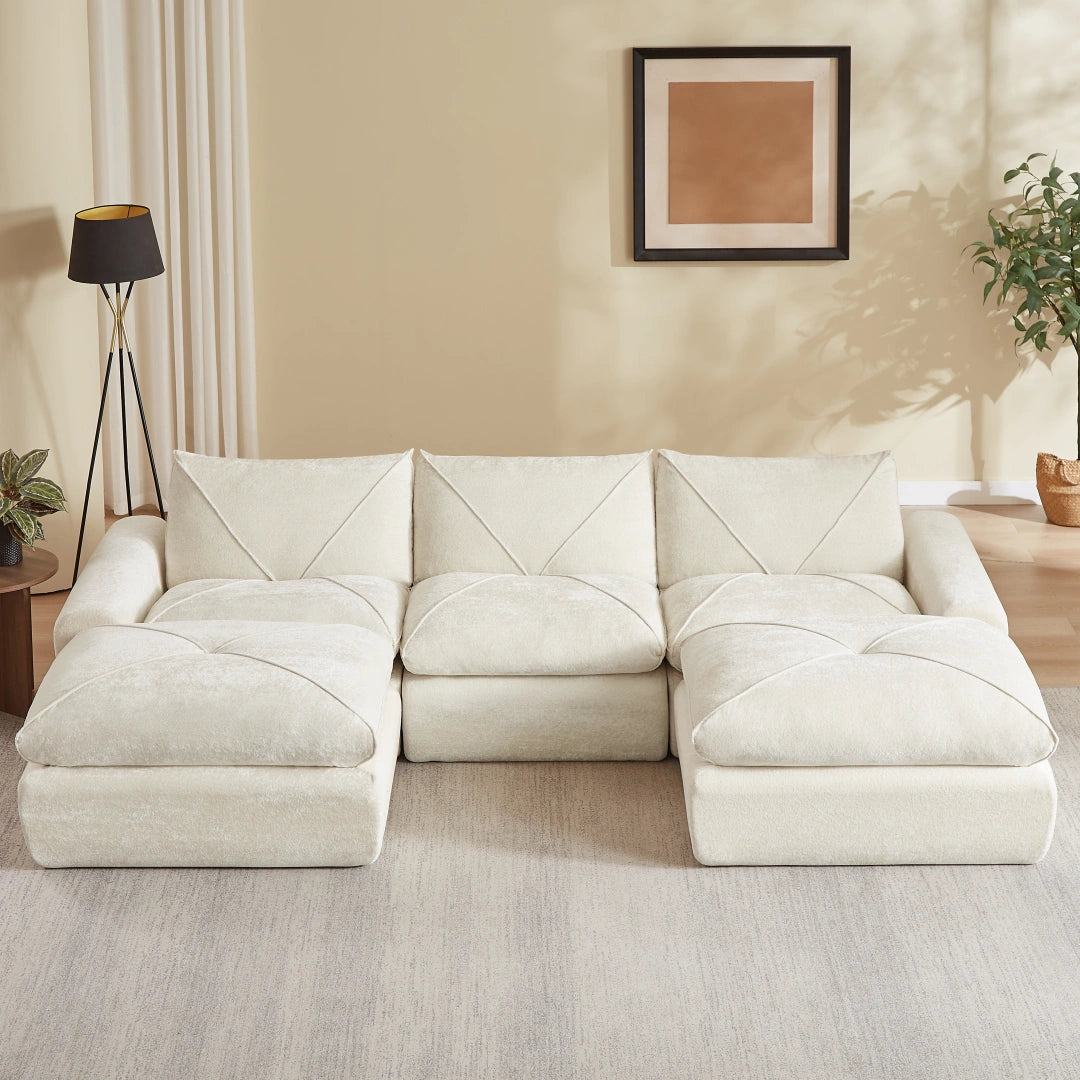 Beige 3 Seat and 2 Ottoman Modern minimalist chenille combination sofa #6159