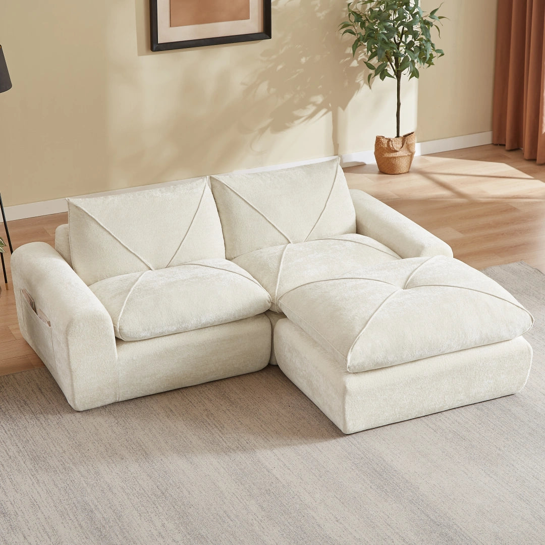 Beige 2 Seat and 1 Ottoman Modern minimalist chenille combination sofa #6159