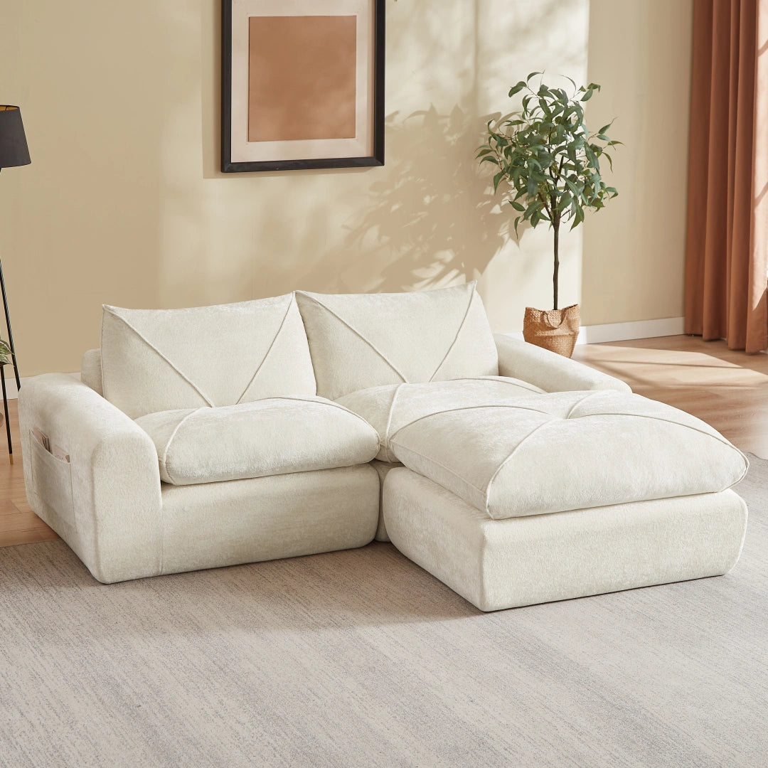 Beige 2 Seat and 1 Ottoman Modern minimalist chenille combination sofa #6159
