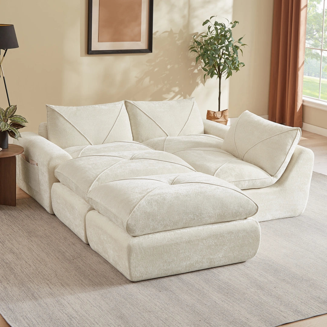 Beige 3 Seat and 2 Ottoman Modern minimalist chenille combination sofa #6159