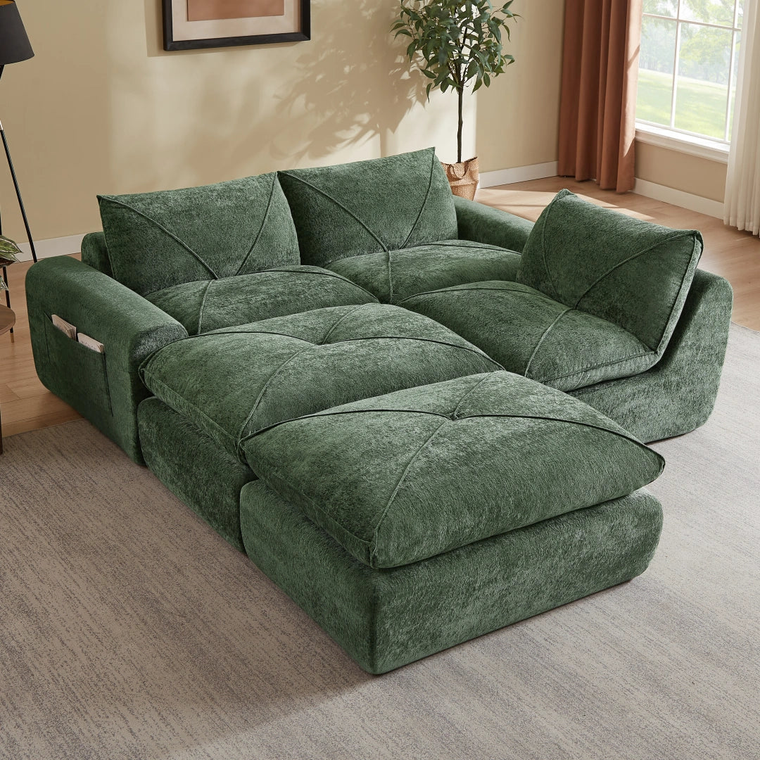 Green 3 Seat and 2 Ottoman Modern minimalist chenille combination sofa #6159