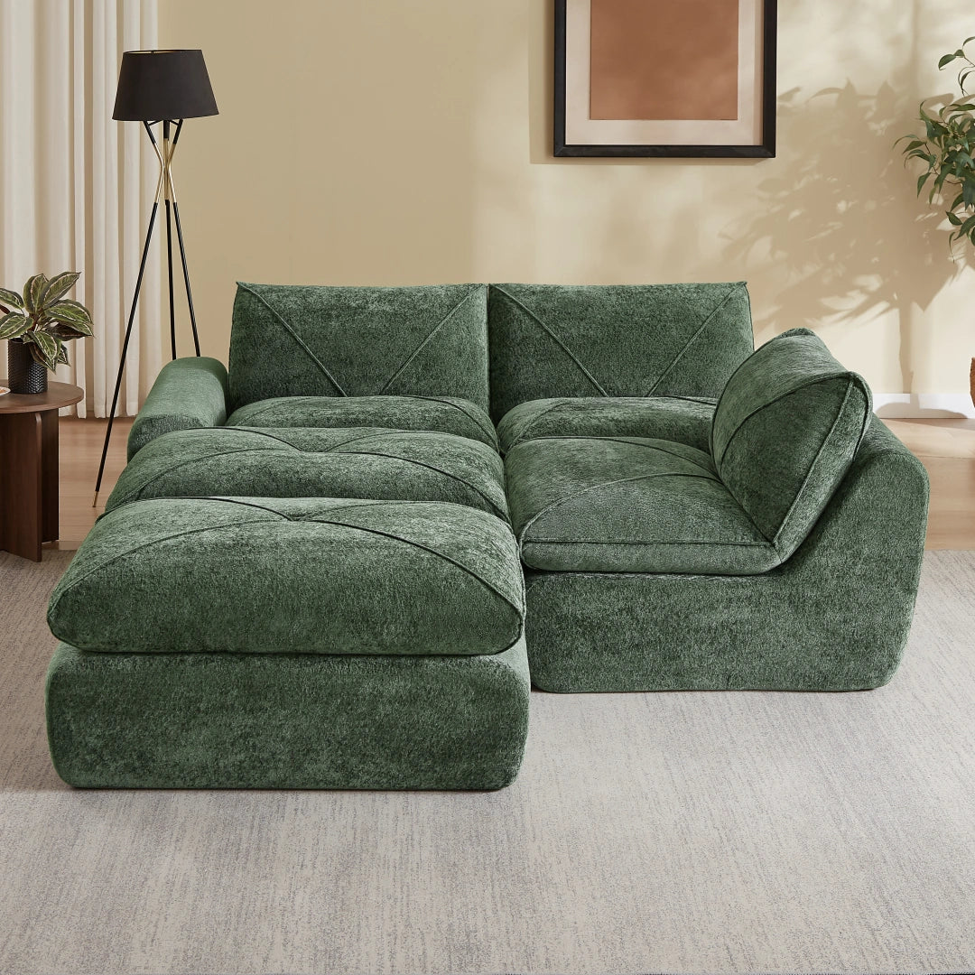 Green 3 Seat and 2 Ottoman Modern minimalist chenille combination sofa #6159