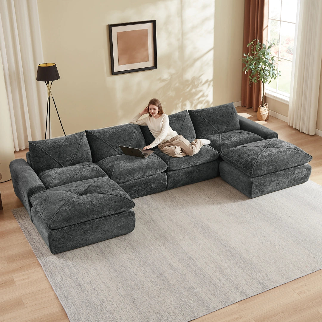 Dark Gray 4 Seat and 2 Ottoman Modern minimalist chenille combination sofa #6159