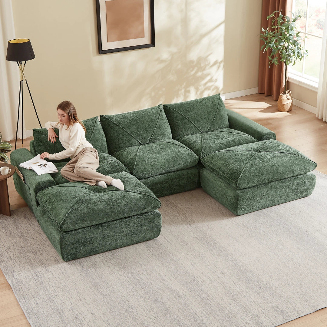 Green 3 Seat and 2 Ottoman Modern minimalist chenille combination sofa #6159