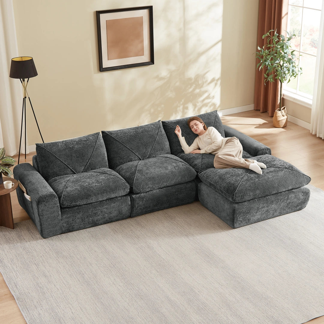 Dark Gray 3 Seat and 1 Ottoman Modern minimalist chenille combination sofa #6159
