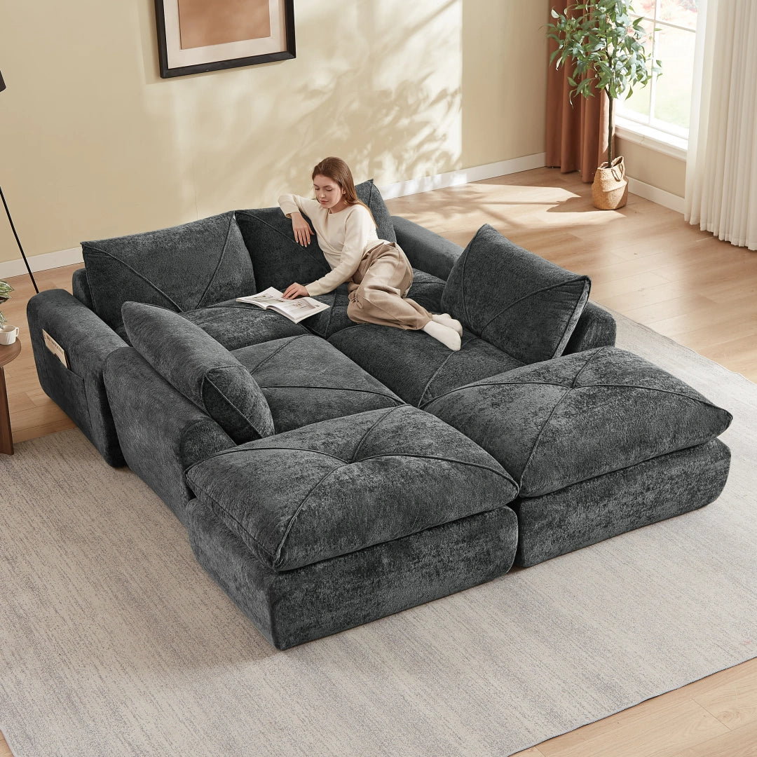 Dark Gray 4 Seat and 2 Ottoman Modern minimalist chenille combination sofa #6159