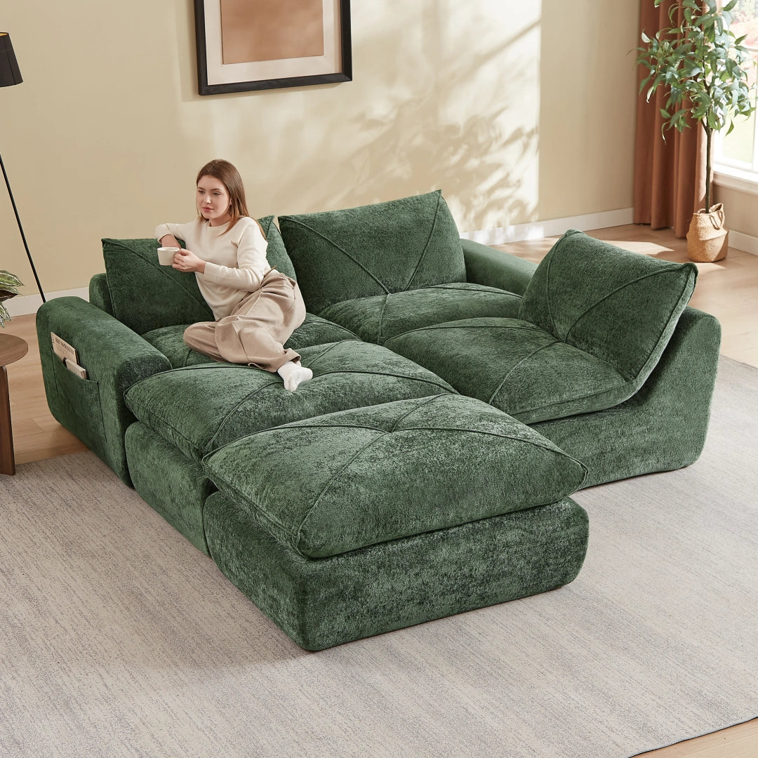 Green 3 Seat and 2 Ottoman Modern minimalist chenille combination sofa #6159