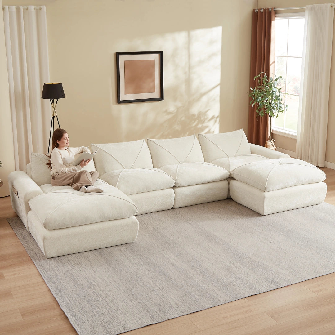 Beige 4 Seat and 2 Ottoman Modern minimalist chenille combination sofa #6159