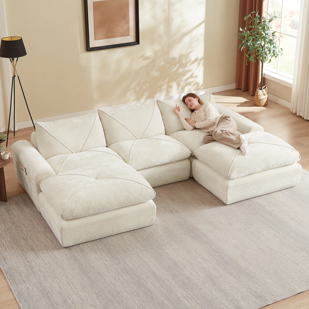 Beige 3 Seat and 2 Ottoman Modern minimalist chenille combination sofa #6159