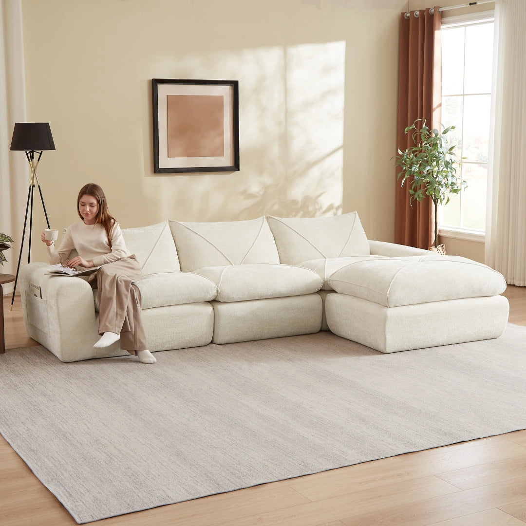 Beige 3 Seat and 1 Ottoman Modern minimalist chenille combination sofa #6159