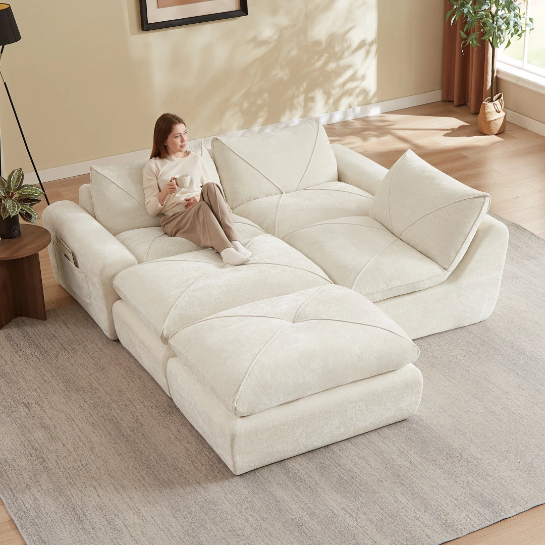 Beige 3 Seat and 2 Ottoman Modern minimalist chenille combination sofa #6159