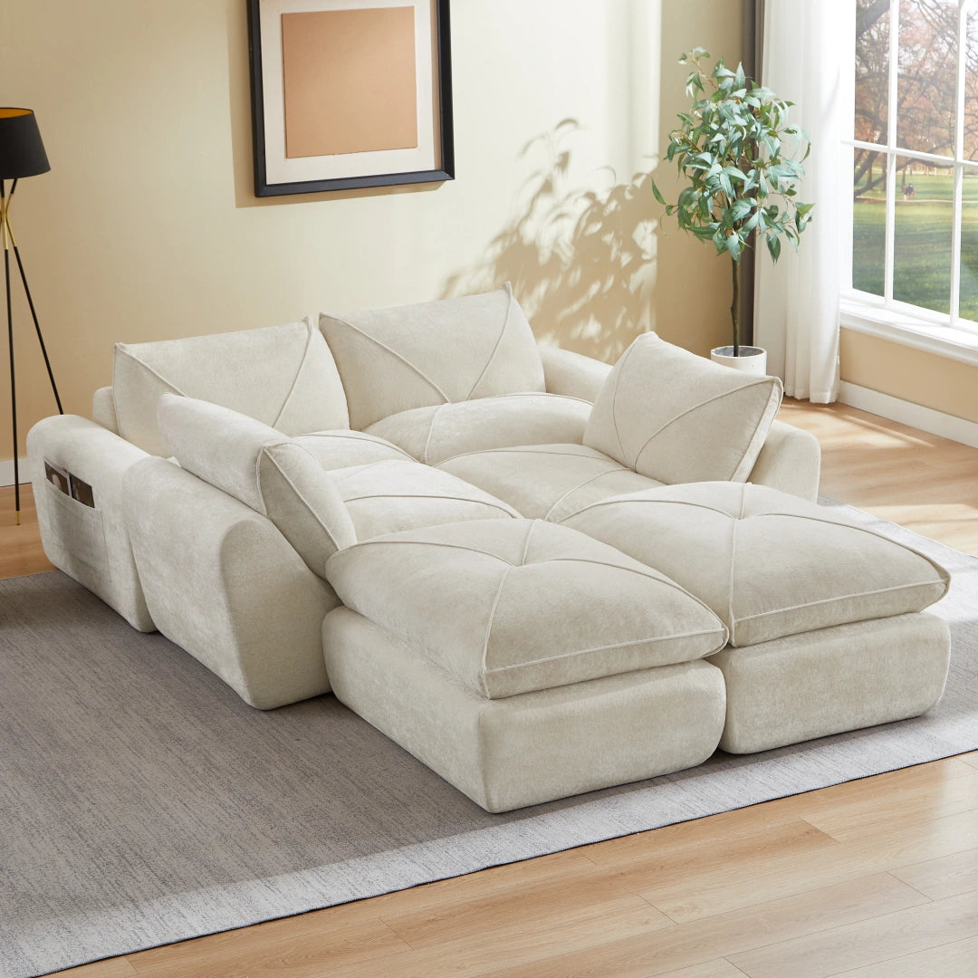 Beige 4 Seat and 2 Ottoman Modern minimalist chenille combination sofa #6159