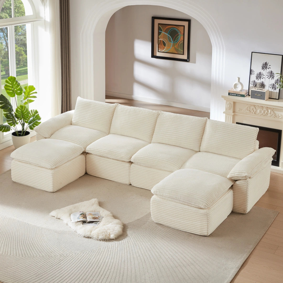 White 4 Seat and 2 Ottoman Modern corduroy cloud sofa #6108
