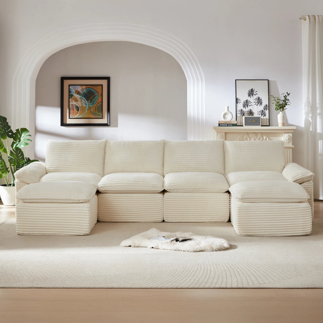 White 4 Seat and 2 Ottoman Modern corduroy cloud sofa #6108