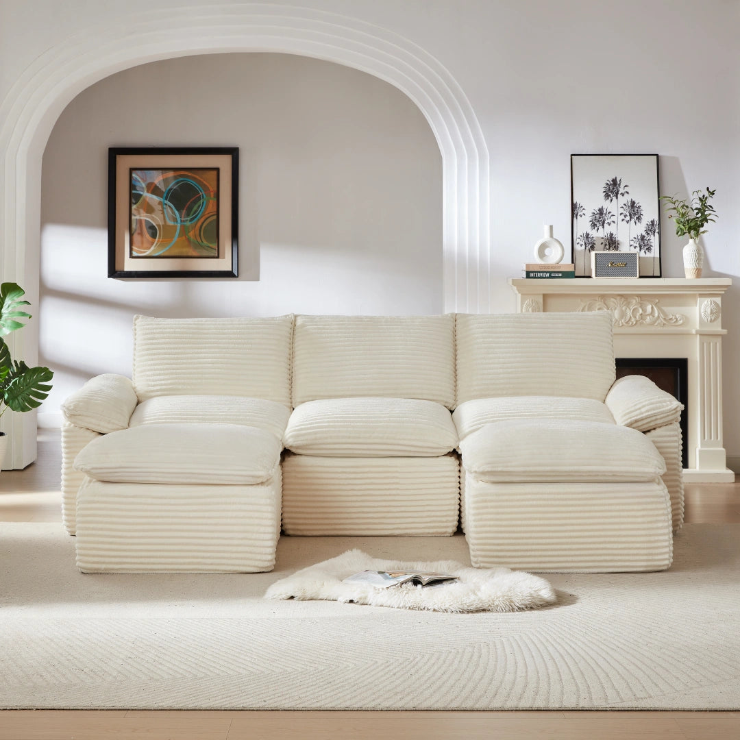 White 3 Seat and 2 Ottoman Modern corduroy cloud sofa #6108