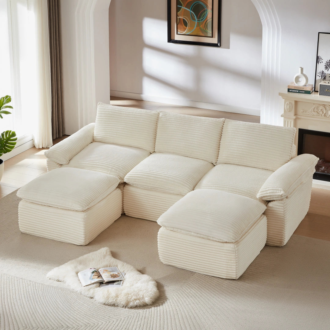 White 3 Seat and 2 Ottoman Modern corduroy cloud sofa #6108