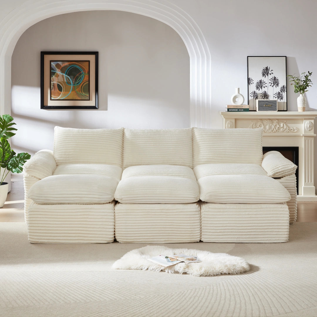 White 3 Seat and 3 Ottoman Modern corduroy cloud sofa #6108