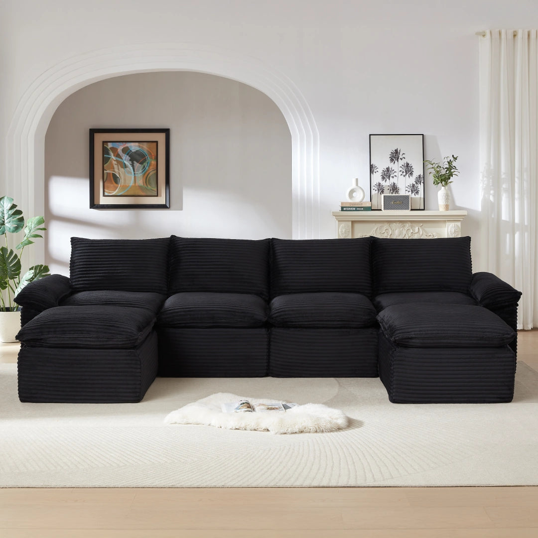 Black 4 Seat and 2 Ottoman Modern corduroy cloud sofa #6108