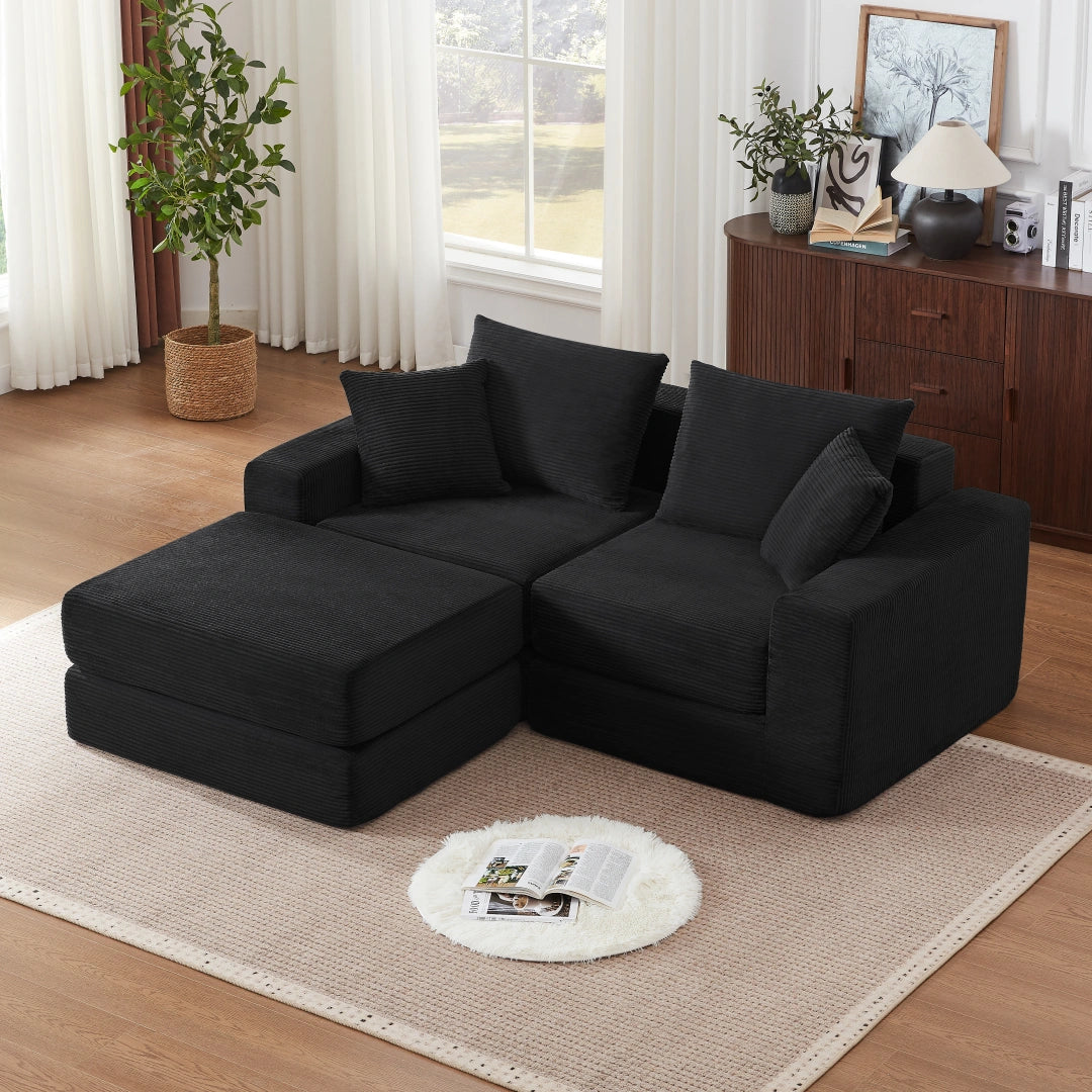 Black 2 Seat and 1 Ottoman Modular Sectional Loveaeat Cloud Sofa #6083