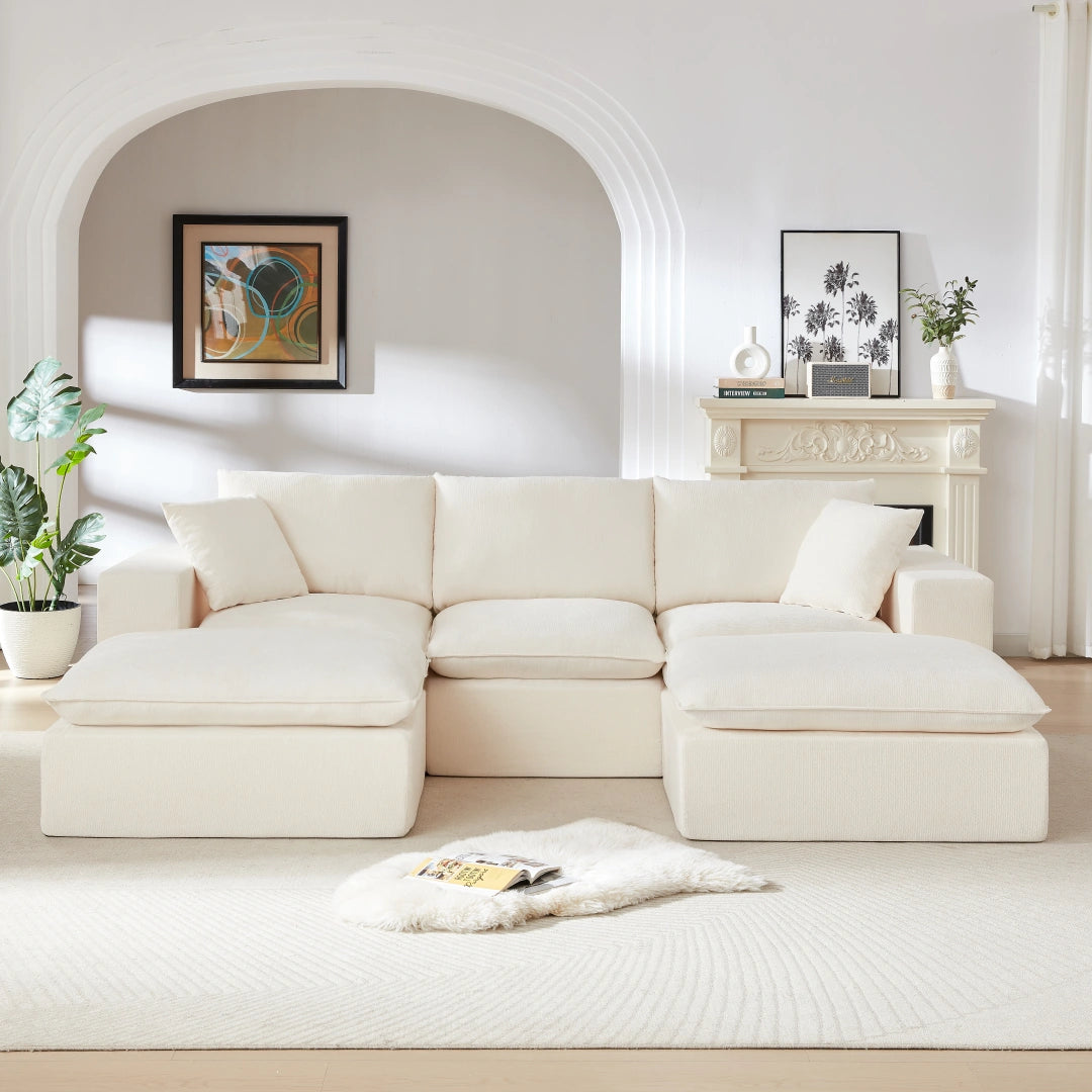White 3 Seat and 2 Ottoman Modern Chenille Cloud Sofa #6120